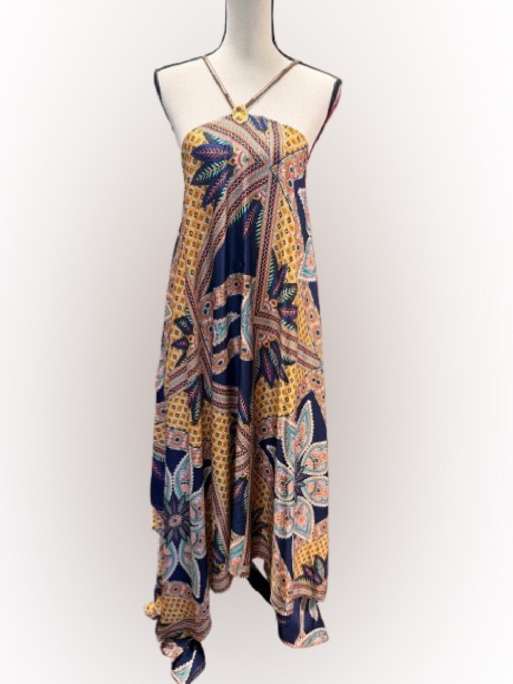 Gracia Handkerchief Hem Maxi Dress L Boho Paisley Print Halter Handkerchief Hem